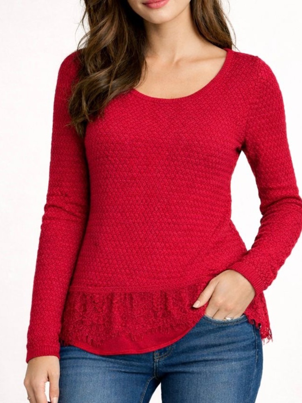 Lucky Brand Sweater Womens M Red Twofer Chevron Zigzag Lace Trim Coquette Chic